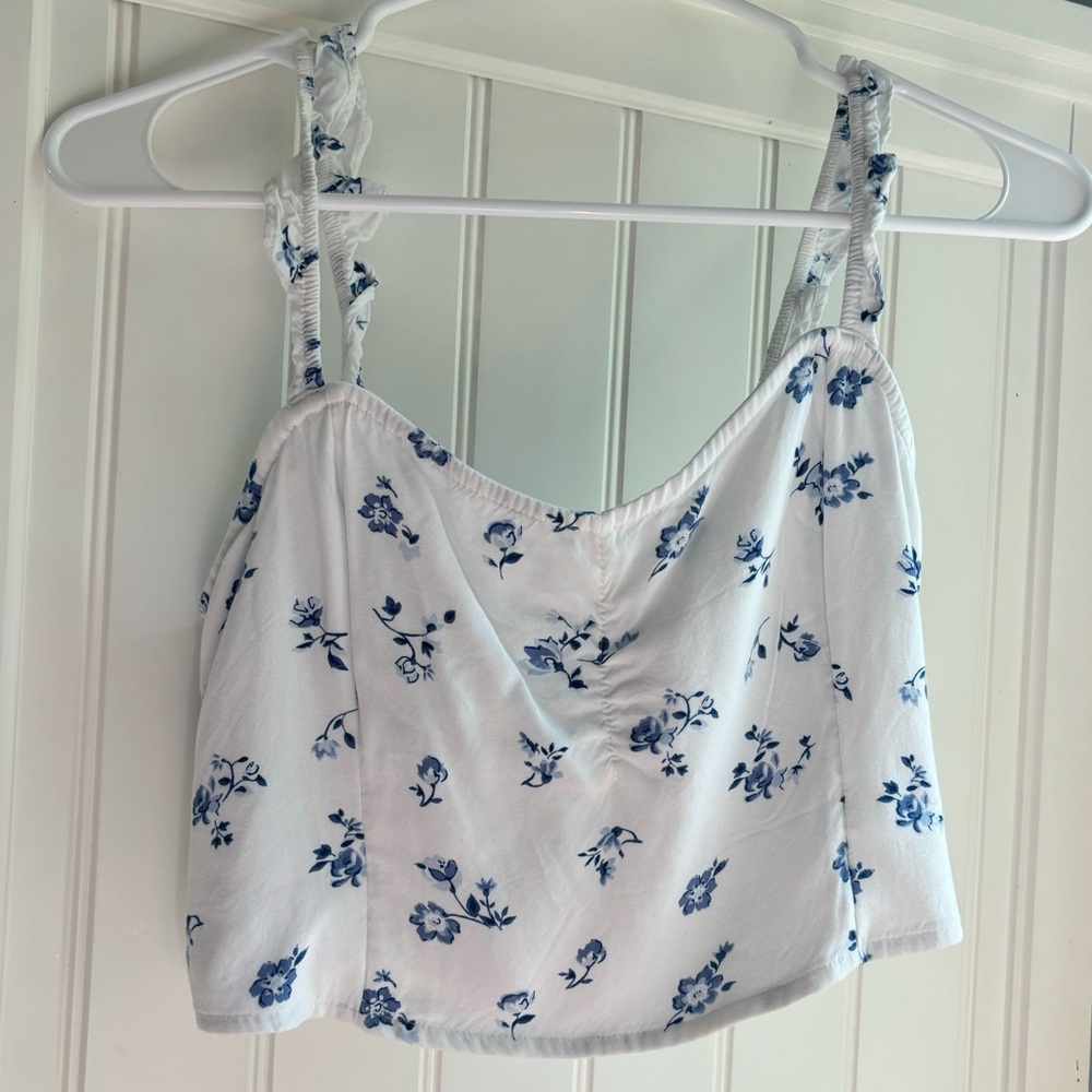 Hollister White Tank Top with Blue Flowers